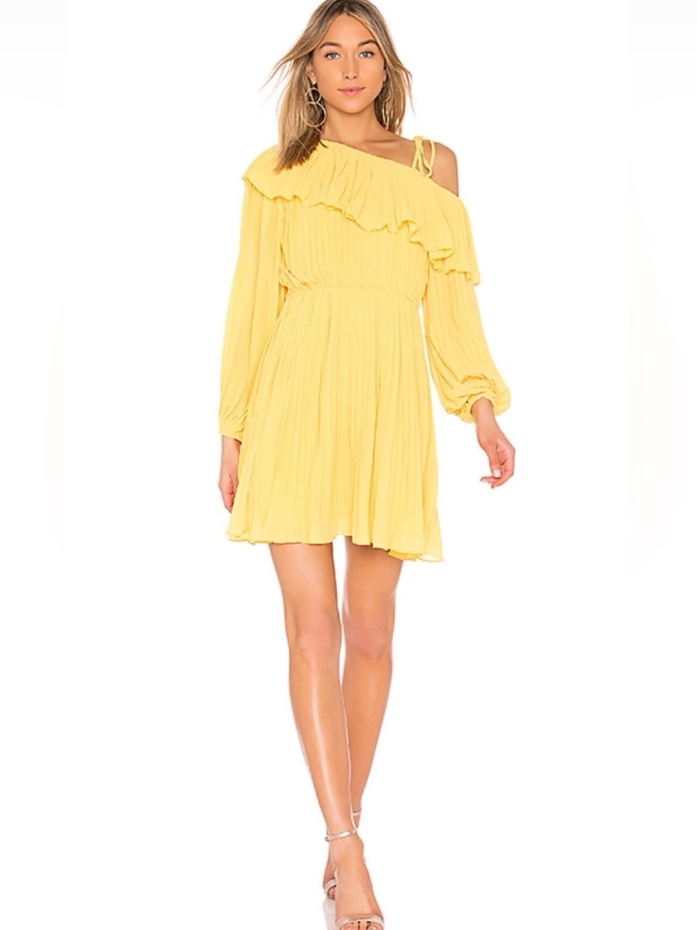 New Endless Rose Pleated One Shoulder Flared Dress Long Sleeves SZ L Yellow